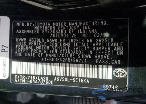 2015 Toyota Camry из США, поврежденный, VIN 4T4BF1FK2FR489221